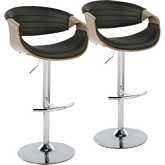 Symphony Adjustable Swivel Bar Stool in Chrome, Light Grey Wood & Black Leatherette (Set of 2)